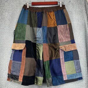 IXCHEL Patchwork Cargo Shorts Brown Blue Corduroy Festival Hippie Men's Large